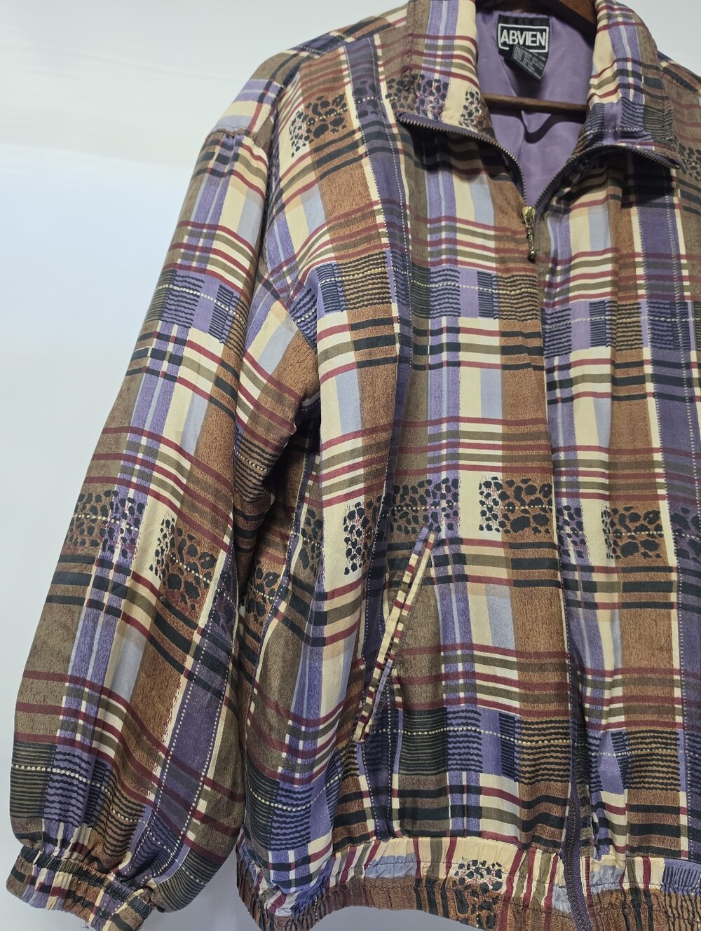ABVIEN 100% Silk Plaid Bomber Jacket Women’s XL Vintage